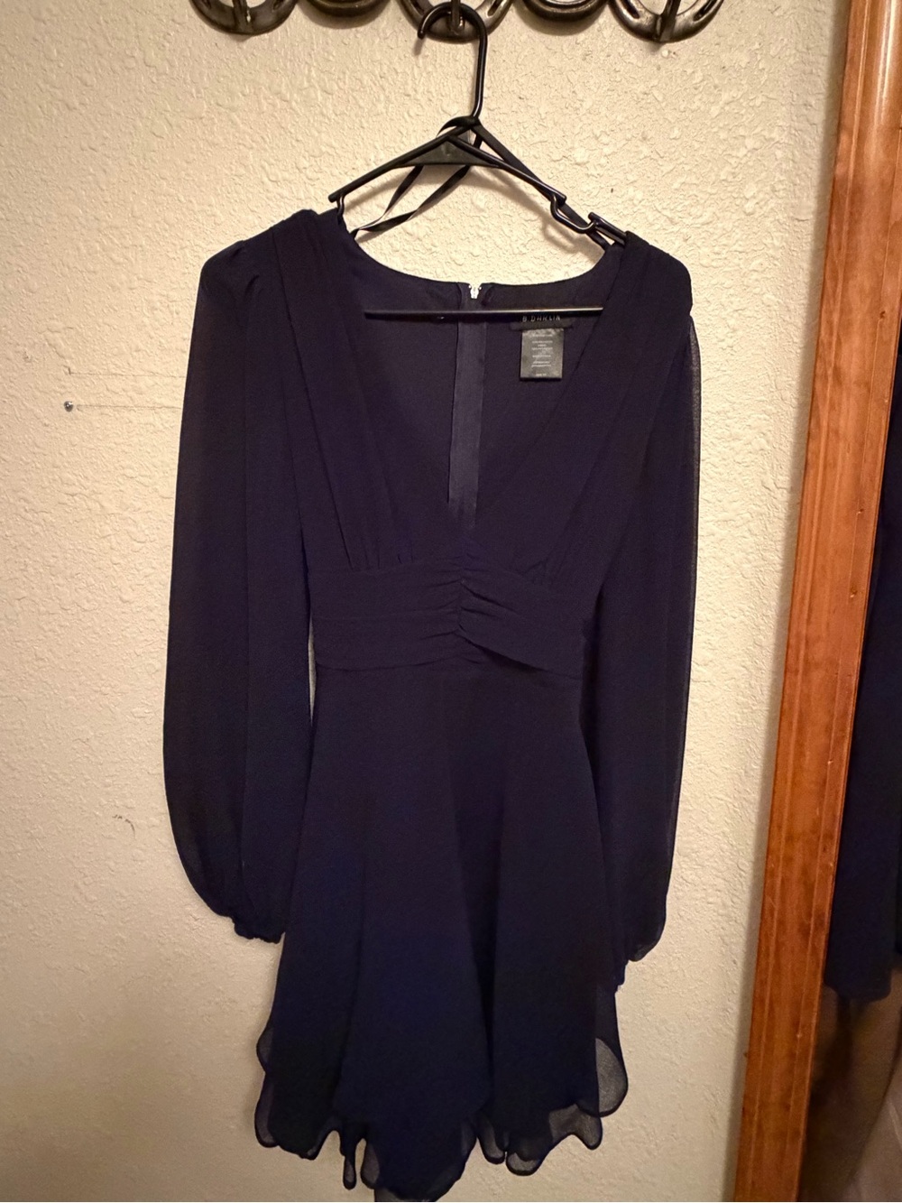Navy Long-Sleeve Tie-Waist Chiffon Dress